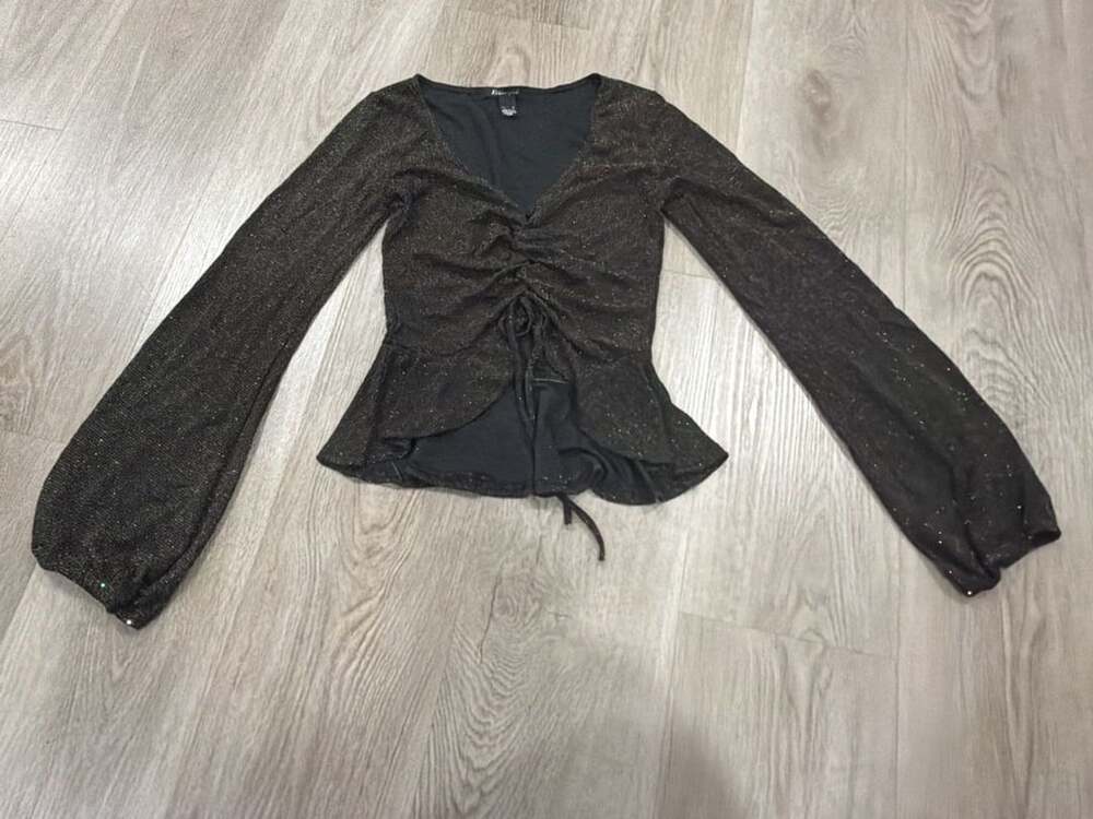 ReVamped Sparkle Top Size S Black Gold Long Sleeve Cinch Front Peplum